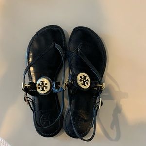 Tory Burch black leather sling back sandals
